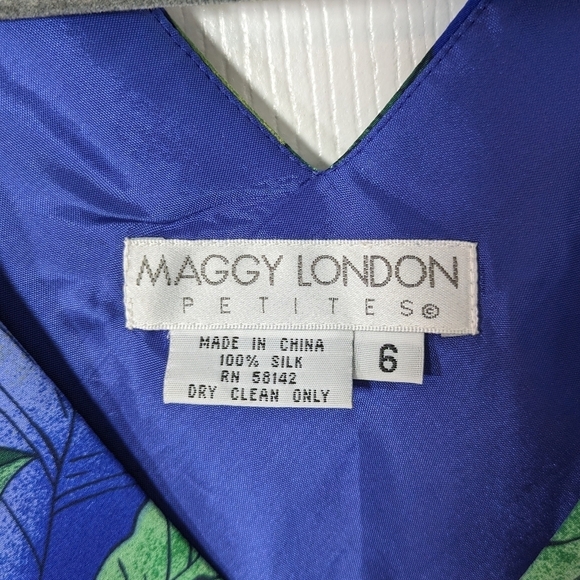 Maggy London 100% Silk Blue and Green Tropical Leaf Vintage Midi Dress Size 6 - Picture 2 of 5